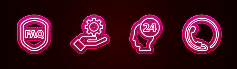 Sticker - Set line Shield with text FAQ, Settings in the hand, Support operator touch and Telephone 24 hours support. Glowing neon icon. Vector