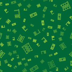 Poster - Set line Office desk, Drawer with documents and Shelf books on seamless pattern. Vector