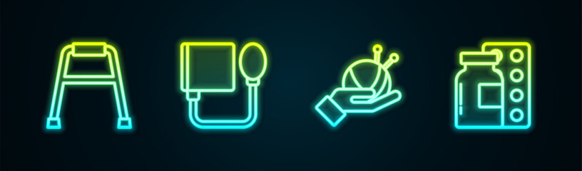 Sticker - Set line Walker, Blood pressure, Yarn ball with knitting needles and Pills blister pack. Glowing neon icon. Vector