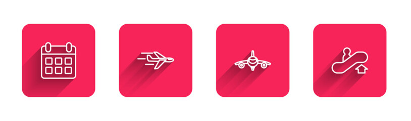 Sticker - Set line Calendar and airplane, Plane, and Escalator up with long shadow. Red square button. Vector