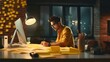 © VERTEX SPACE - creative designer hipster working conventrate work late night he stay in office full with sticky note remind paper time out deadline ideas concept in office,ai generate