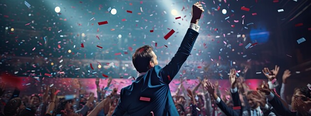 success motivation encourage power support attractive powerful male speaker hand riseup cheering all people in convetion hall to stay strong together with golden glitter confetti paper ,ai generate
