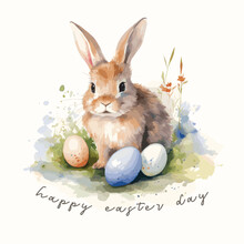 Happy Easter Day Cad Template Cute Rabbit Eggs Watercolor