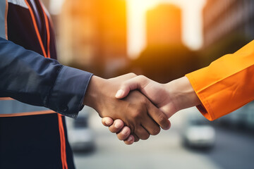 Wall Mural - construction worker team contractor shaking hand after business meeting to greeting start up project contract in construction site building, successful, partnership, teamwork concept, Generative AI