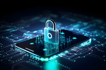 Wall Mural - Cybersecurity. mobile smart phone with virtual graphic network diagram, digital online, cyber security, internet connection, social media, network security technology concept. Generative AI