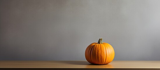 Wall Mural - A small pumpkin shaped like an orange, placed on a table with empty space around it.