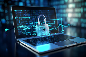 Wall Mural - Cybersecurity. laptop computer with virtual graphic network diagram, digital online, cyber security, internet connection, social media, network security technology concept. Generative AI