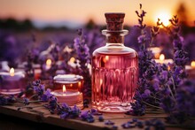 Aromatherapy Heaven Lavender Panorama With Essential Oil Flacons, Soothing And Aromatic Generative AI