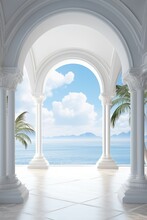 Interior Design Of A Huge Mansion With The Style Of A Monaster, Some Vegetation And Flowers In The Archway Near The Sea. Generative AI.