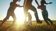 © maxximmm - happy family playing a soccer in the park. group of children in nature playing ball with father silhouette park. happy family kid dream concept. funny kids playing ball on grass sunlight in summer