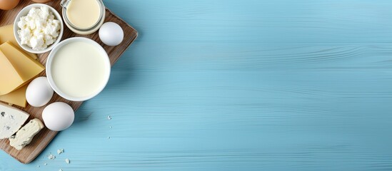 Aufkleber - dairy products, including milk, cottage cheese, and eggs, placed on a blue background. The view