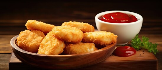 Sticker - Chicken nuggets served with ketchup on a wooden background, with space for text. They are a