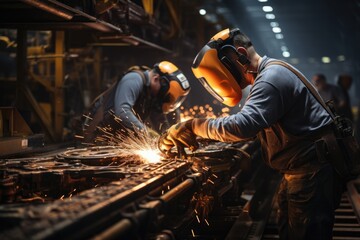 Industrial worker is welding steel products in a factory