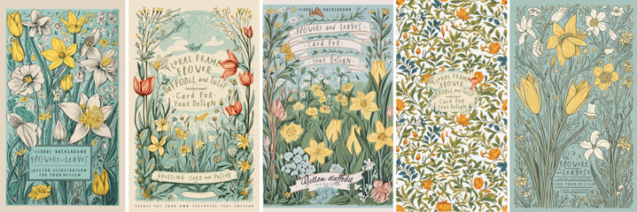 Vintage floral greeting cards. Vector illustration of flowers, daffodil, narcissus, tulip, frame, wild flowers, plants and leaves on vintage paper for background, pattern or poster