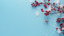 Christmas Or Winter Composition. Snowflakes And Red Berries On Blue Background. Christmas, Winter, New Year Concept. Flat Lay, Top View, Copy Space Generative AI