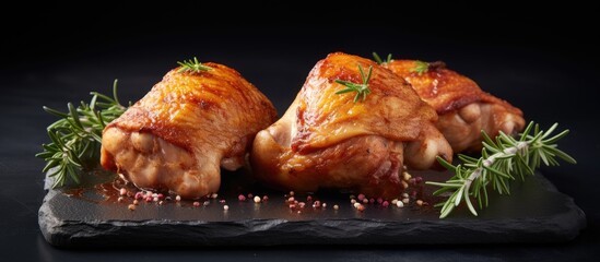 Poster - Skinless chicken thighs placed on a stone background with empty space for text.