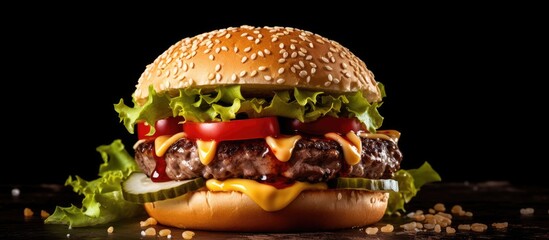 Poster - A macro photograph with copy space of a juicy, homemade burger or hamburger with fresh meat,