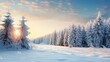 Pine trees covered with snow on frosty evening. Beautiful winter panorama Generative AI