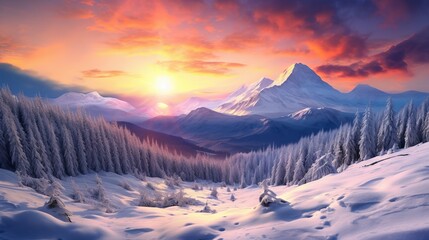 Wall Mural - Majestic sunrise in the winter mountains landscape Generative AI