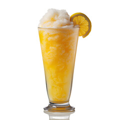 Canvas Print - Fruit filled lemon slush in tall glass, surrounded by crushed ice on white table. Front view. Horizontal composition.