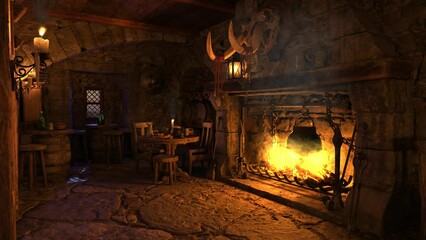 Poster - Open fireplace in a medieval tavern with cooking pot on the fire. 3D animation.