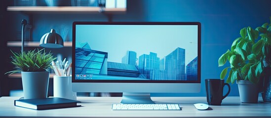 Fototapete - A computer screen with a generic design is shown in a business office room in blue tones. includes