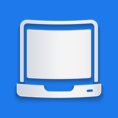Poster - Paper cut Laptop icon isolated on blue background. Computer notebook with empty screen sign. Paper art style. Vector