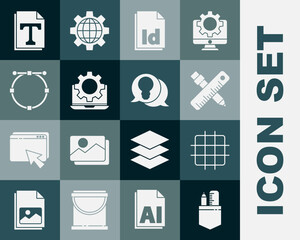 Poster - Set Crossed ruler and pencil, Grid graph paper, ID File document, Laptop gear, Circle with Bezier curve, Text file and Light bulb concept of idea icon. Vector