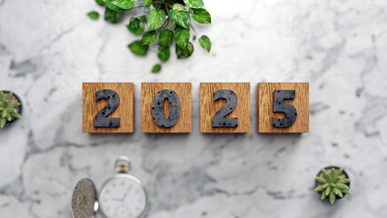 Wall Mural - new year 2025, modern layout 3d rendering on marble background for social media, banner, poster etc