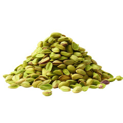 Pile of pistachio pieces isolated on white backround.