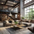 © VERTEX SPACE - home interior design concept loft interior decorative style living room with double space daylight big window and rustic texture industrial material finish home beautiful,ai generate