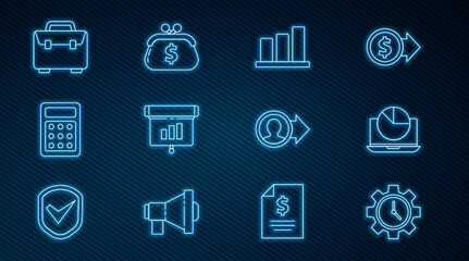 Poster - Set line Time Management, Laptop with graph chart, Pie infographic, Graph, diagram,, Calculator, Briefcase, Job promotion and Wallet dollar icon. Vector
