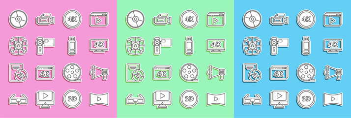 Poster - Set line Online play video, Megaphone, Screen tv with 4k, Ultra HD, Cinema camera, Movie spotlight, CD or DVD disk and USB flash drive icon. Vector