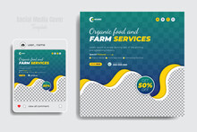 Organic Food, Agriculture And Farming Services Social Media Cover Or Post And Web Banner Design Template With Geometric Green Gradient Color Shapes