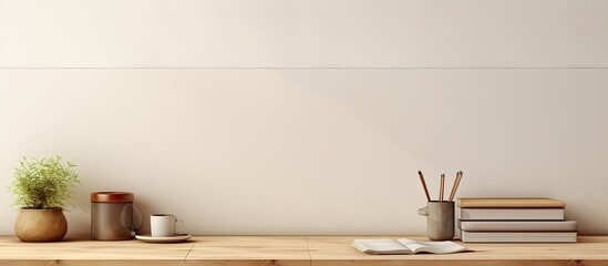 Poster - Front view workspace and copy space with a wooden desk table, supplies, and a coffee mug.