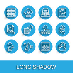 Poster - Set line Cloud technology data transfer, Filter setting, Server, Data, Web Hosting, Browser files, Social network, Network cloud connection, hacking and Computer icon. Vector