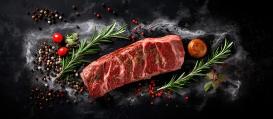 Aufkleber - Barbecue-ready fresh meat seasoned with spices and herbs, displayed on a black stone background