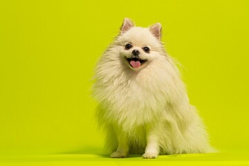 Wall Mural - Adorable white Spitz against a bright green background.