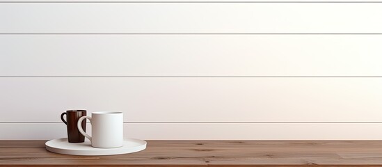 Poster - A white desk table with available space, containing supplies and a coffee mug. The workspace