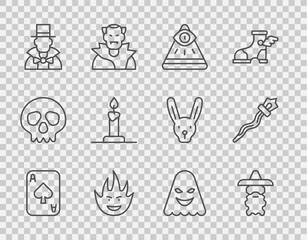 Wall Mural - Set line Playing cards, Wizard warlock, Masons, Fire flame, Magician, Burning candle candlestick, Ghost and staff icon. Vector