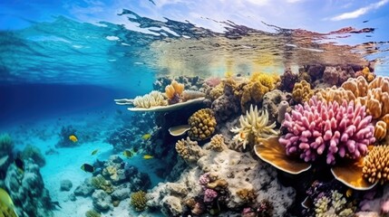 Wall Mural - Ocean coral reef underwater. Sea world under water background. Beautiful view of sea life. Ecosystem. AI photography..