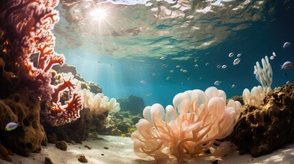 Wall Mural - Ocean coral reef underwater. Sea world under water background. Beautiful view of sea life. Ecosystem. AI photography..