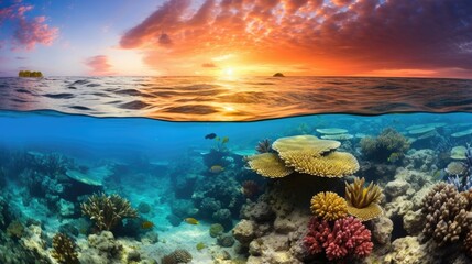 Wall Mural - Ocean coral reef underwater. Sea world under water background. Beautiful view of sea life. Ecosystem. AI photography..