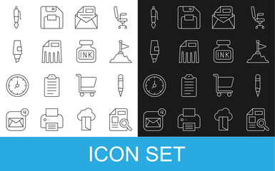Poster - set line document with graph chart, pencil, mountains flag on top, mail and e-mail, paper shredder, 