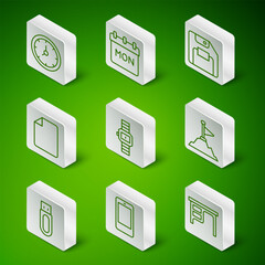 Poster - Set line Office desk, Mobile phone, Clock, Wrist watch, File document, Calendar, USB flash drive and Mountains with flag top icon. Vector