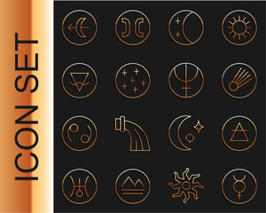 Wall Mural - Set line Symbol Mercury, Air element, Comet, Eclipse of the sun, Full moon, Earth, Sagittarius zodiac and Neptune planet icon. Vector