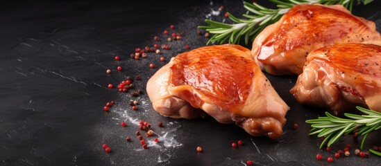 Poster - Skinless chicken thighs placed on a stone background with empty space for text.