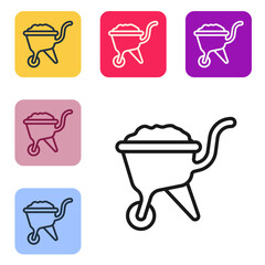 Poster - Black line Wheelbarrow with dirt icon isolated on white background. Tool equipment. Agriculture cart wheel farm. Set icons in color square buttons. Vector