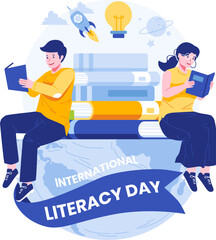 Wall Mural - Happy Literacy Day Illustration. Young People Celebrate Literacy Day by Reading Books