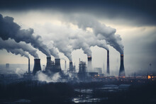 Industrial Factory Tall Smokestacks Released Smoky Emissions From Smoke Pipes. CO2 Greenhouse Gas, Deteriorating Air Quality, Air Pollution, And Climate Change. Carbon Dioxide Gas.
